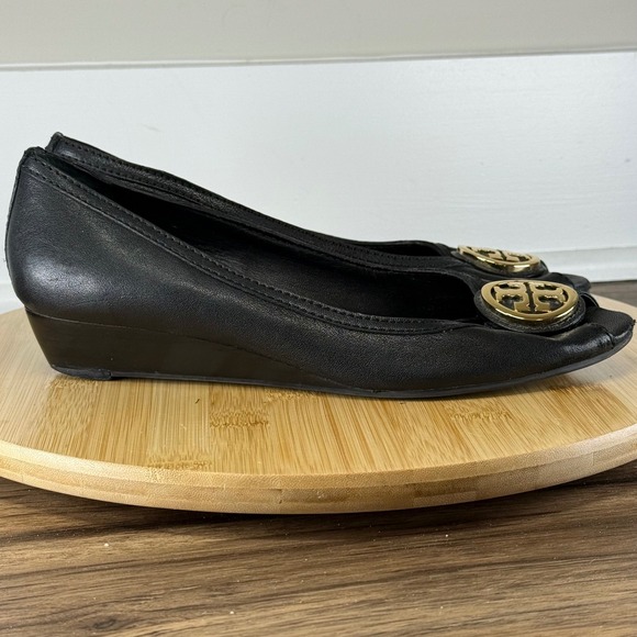 Tory Burch Shoes - Tory Burch Sally Wedge Pump Women 8.5 Black Peep Toe Gold Logo Medallion